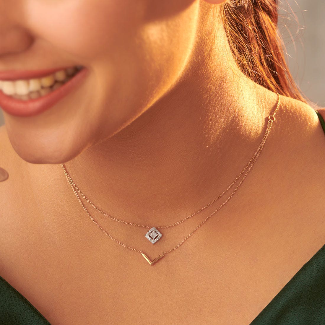 Classy Square Diamond 2 Layered Necklace