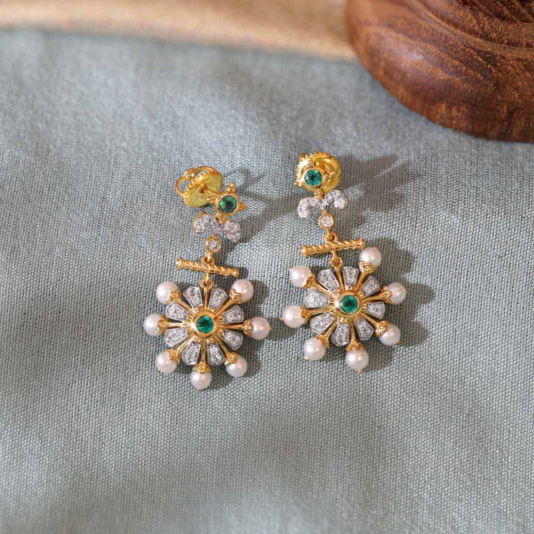 Spoked Chariot Pearl Diamond Dangle Earrings