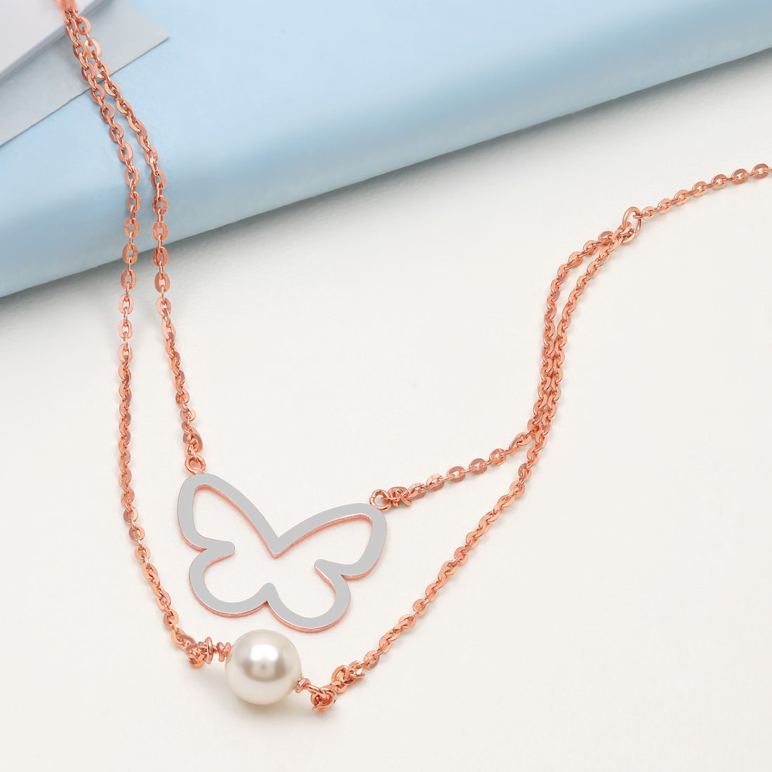 Flared Butterfly With Pearl Gold Layered Necklace