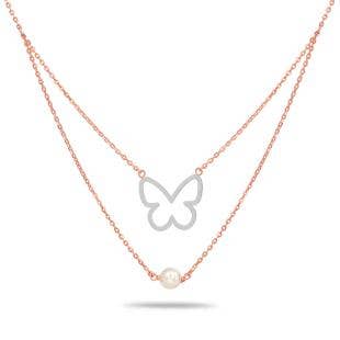 Flared Butterfly With Pearl Gold Layered Necklace