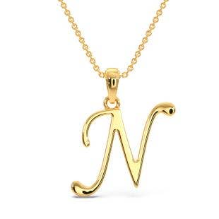 Cursive N Initial Alphabet Gold Pendant